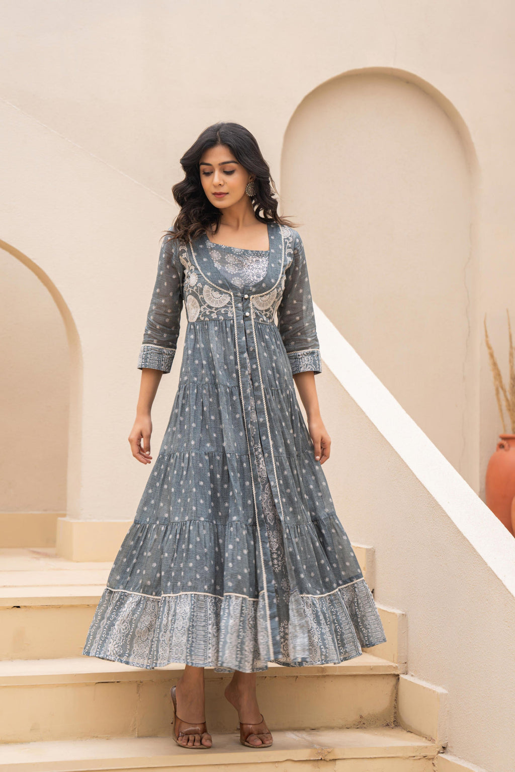 Juniper Grey Embroidered Flared Maxi Dress with Inner Slip and Button-Down Detailing - Distacart