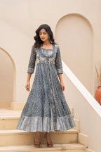 Juniper Grey Embroidered Flared Maxi Dress with Inner Slip and Button-Down Detailing - Distacart