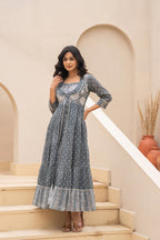 Juniper Grey Embroidered Flared Maxi Dress with Inner Slip and Button-Down Detailing - Distacart
