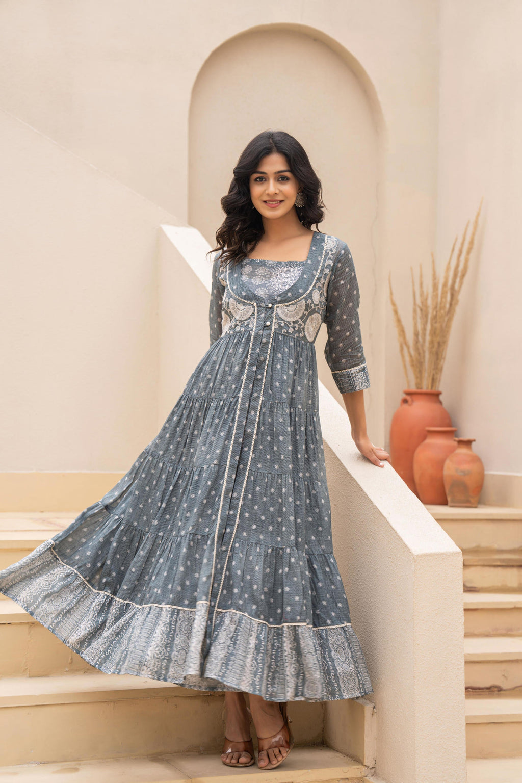 Juniper Grey Embroidered Flared Maxi Dress with Inner Slip and Button-Down Detailing - Distacart