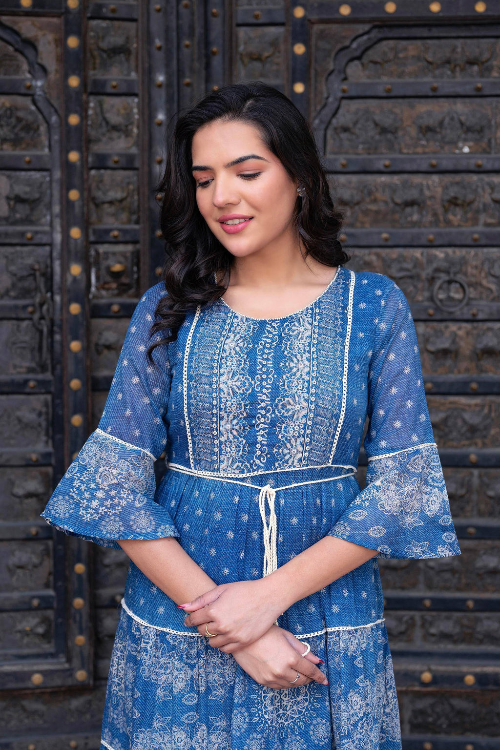 Juniper Blue Floral Printed Cotton Dress with Dori, Cotton Lace & Bead Work - Distacart