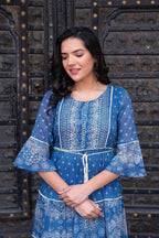 Juniper Blue Floral Printed Cotton Dress with Dori, Cotton Lace & Bead Work - Distacart
