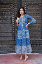 Juniper Blue Floral Printed Cotton Dress With Dori, Cotton Lace & Bead Work - Distacart