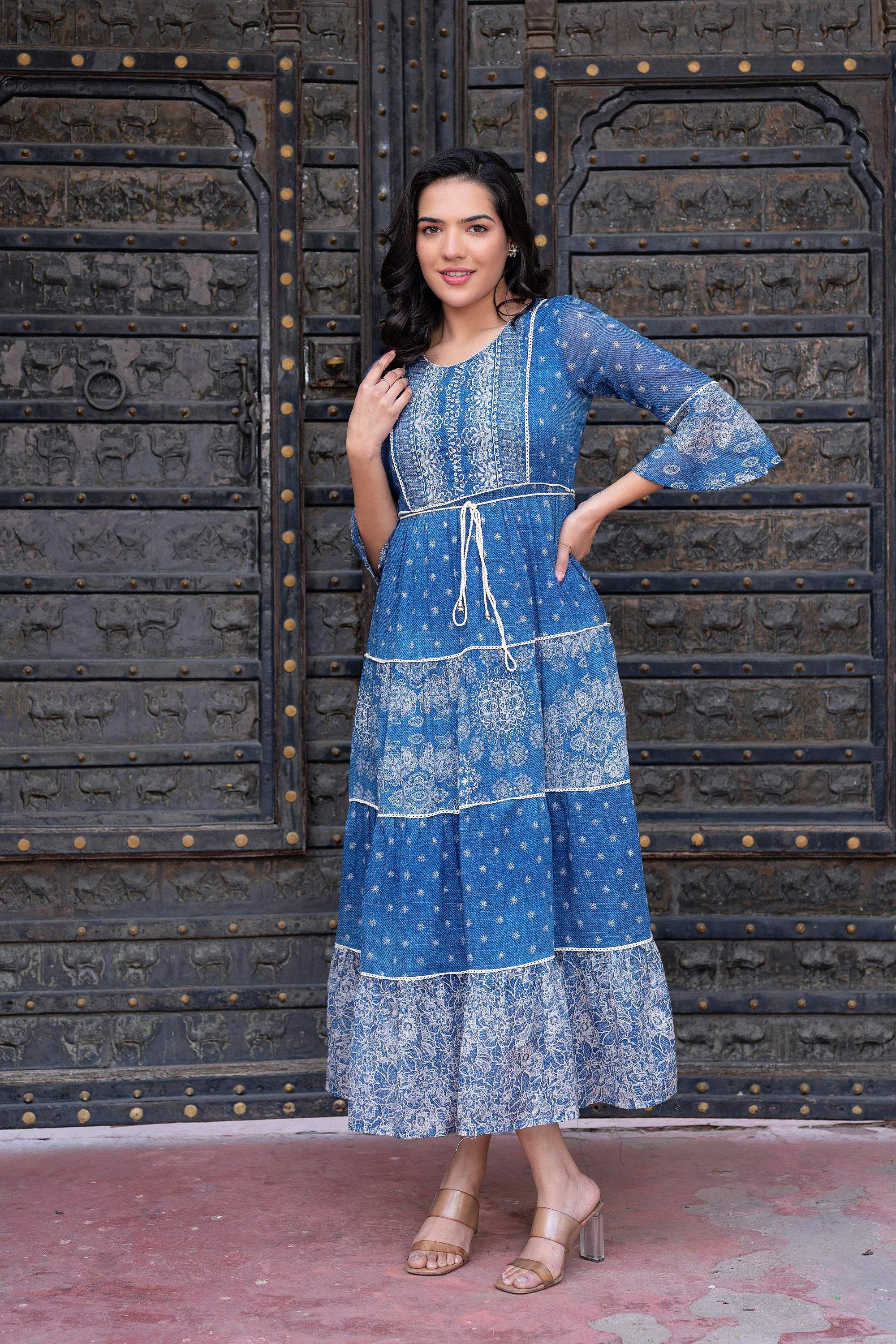 Juniper Blue Floral Printed Cotton Dress With Dori, Cotton Lace & Bead Work - Distacart
