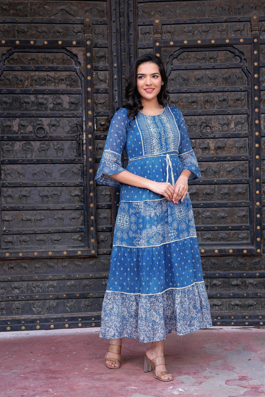 Juniper Blue Floral Printed Cotton Dress with Dori, Cotton Lace & Bead Work - Distacart