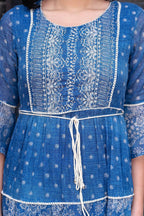 Juniper Blue Floral Printed Cotton Dress with Dori, Cotton Lace & Bead Work - Distacart