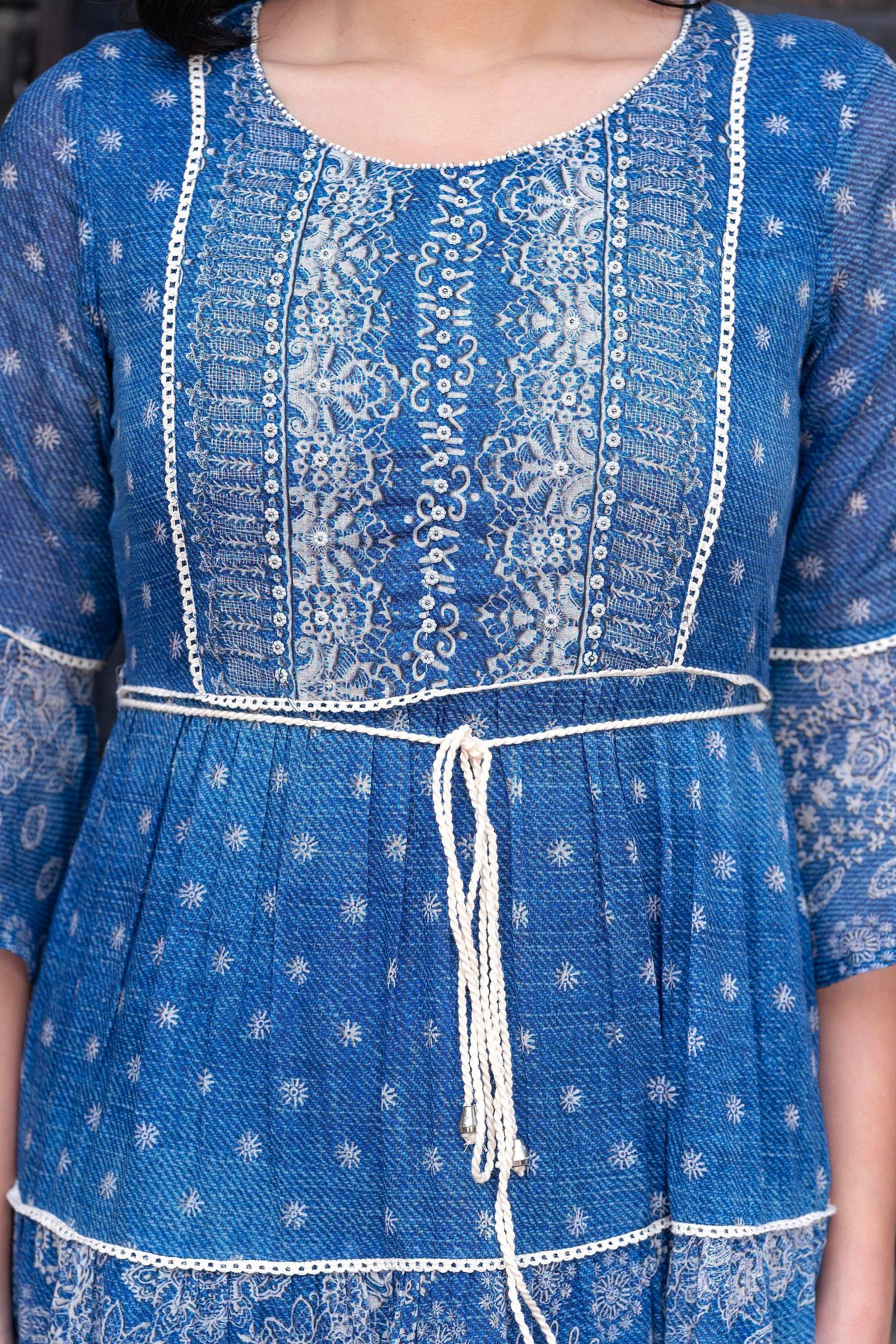 Juniper Blue Floral Printed Cotton Dress with Dori, Cotton Lace & Bead Work - Distacart
