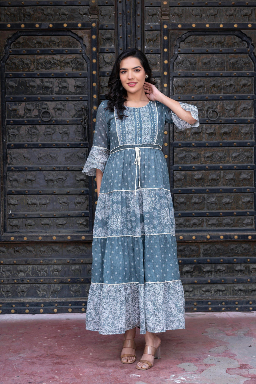 Juniper Grey Floral Printed Cotton Dress With Dori, Cotton Lace & Bead Work - Distacart