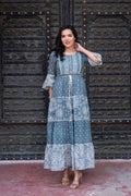 Juniper Grey Floral Printed Cotton Dress With Dori, Cotton Lace & Bead Work - Distacart