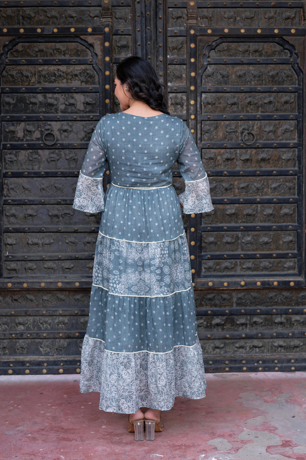 Juniper Grey Floral Printed Cotton Dress with Dori, Cotton Lace & Bead Work - Distacart