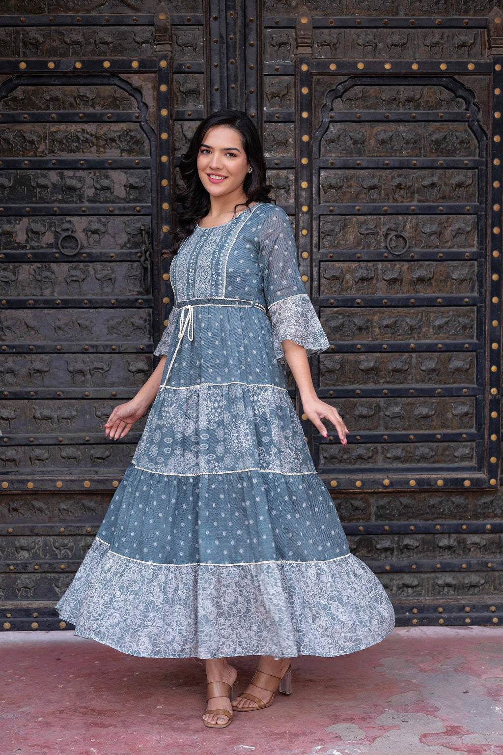 Juniper Grey Floral Printed Cotton Dress with Dori, Cotton Lace & Bead Work - Distacart