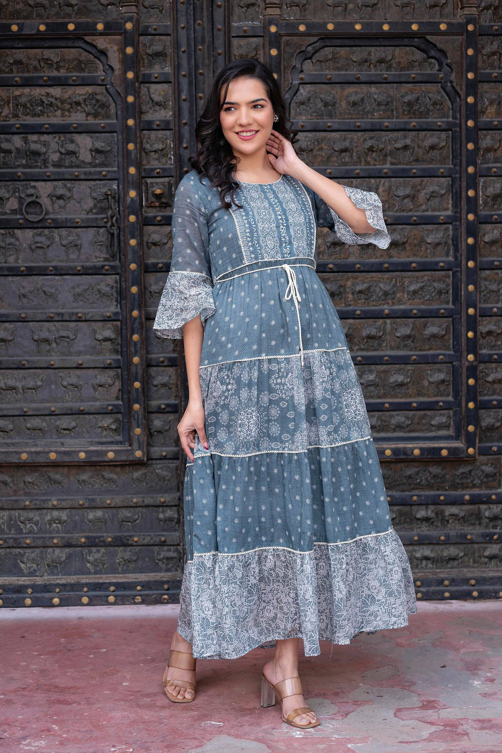 Juniper Grey Floral Printed Cotton Dress with Dori, Cotton Lace & Bead Work - Distacart