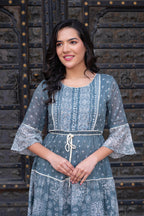 Juniper Grey Floral Printed Cotton Dress with Dori, Cotton Lace & Bead Work - Distacart