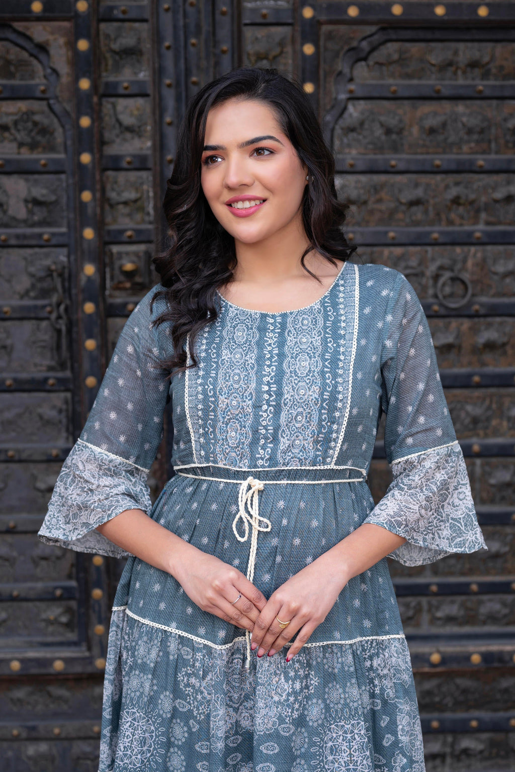 Juniper Grey Floral Printed Cotton Dress With Dori, Cotton Lace & Bead Work - Distacart