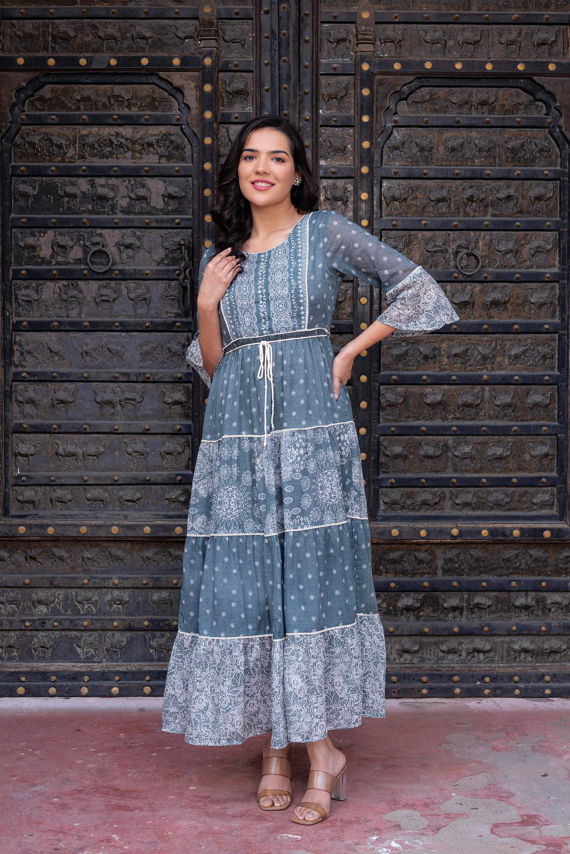 Juniper Grey Floral Printed Cotton Dress with Dori, Cotton Lace & Bead Work - Distacart