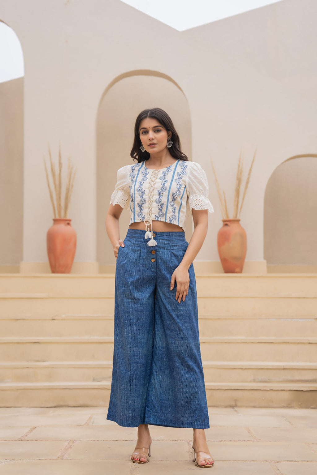 Juniper White Embroidered Crop Top With Light Blue Wide-Leg Pants