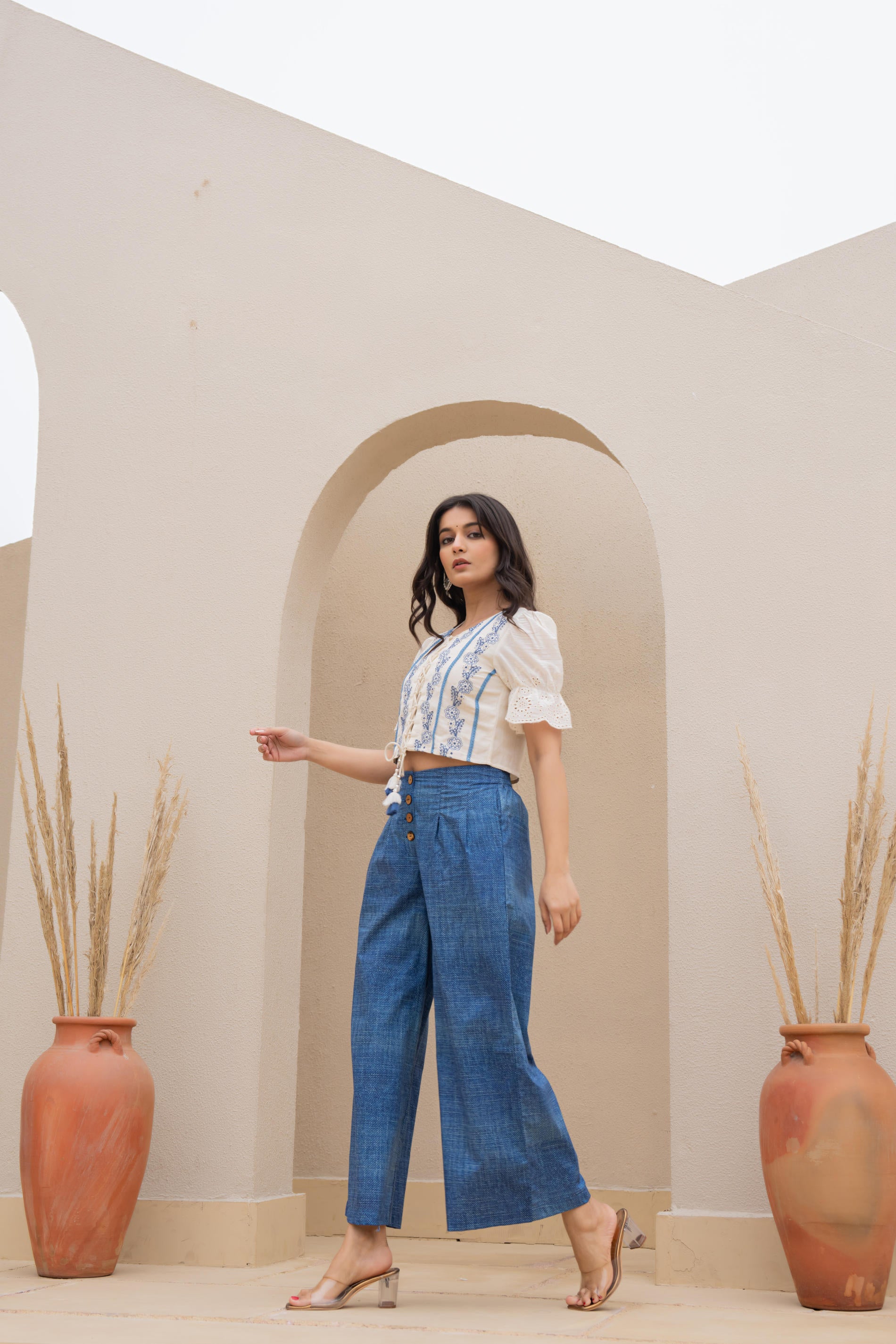 Juniper White Embroidered Crop Top With Light Blue Wide-Leg Pants