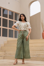 Juniper White Embroidered Crop Top With Light Green Wide-Leg Pants