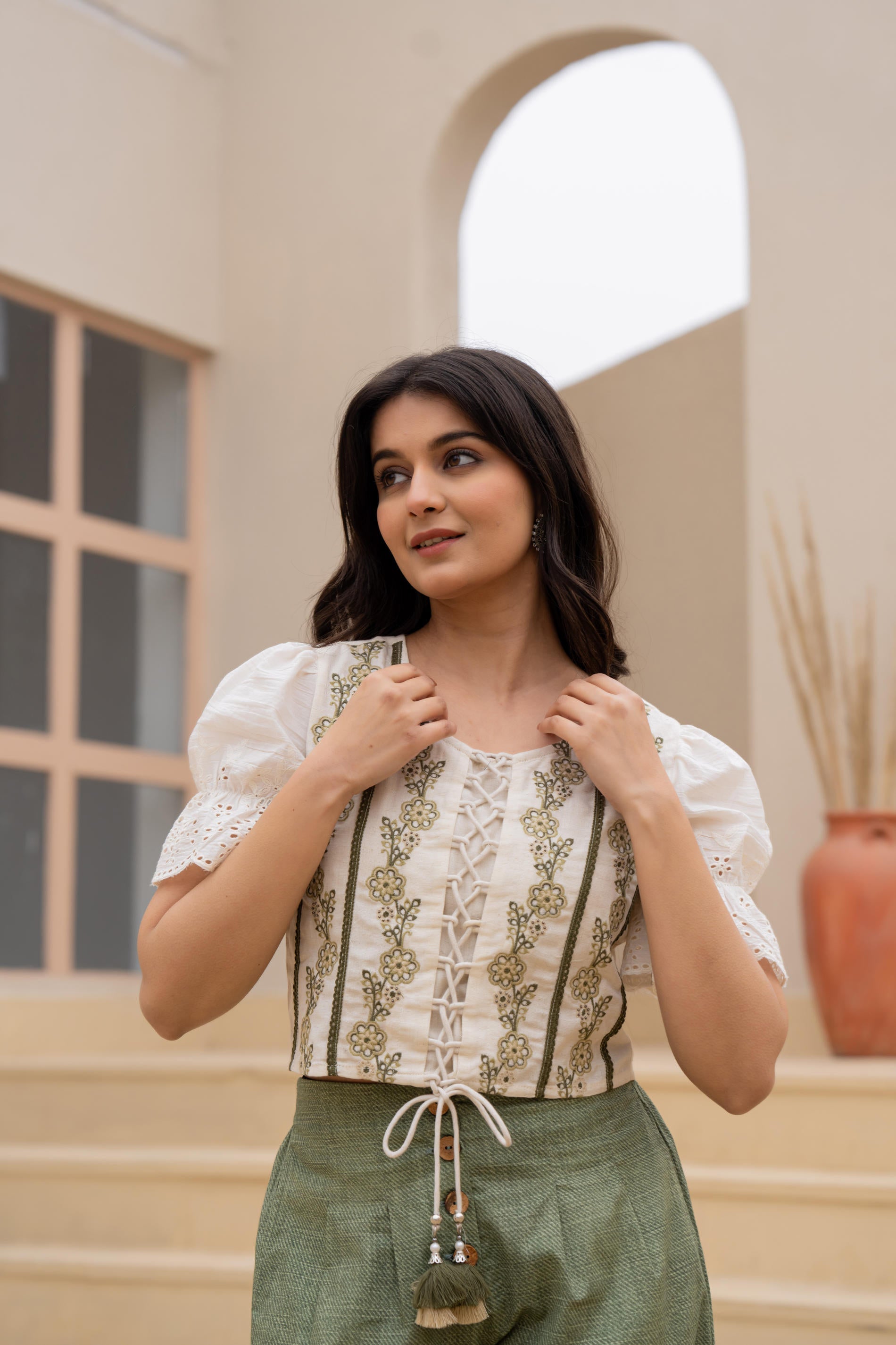 Juniper White Embroidered Crop Top With Light Green Wide-Leg Pants