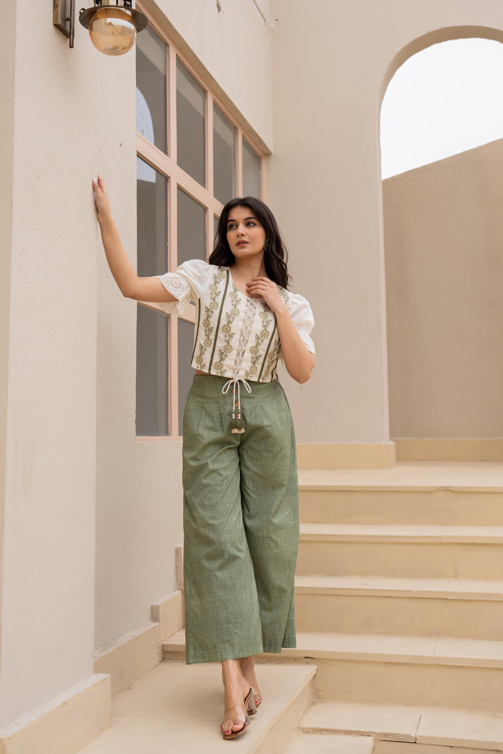 Juniper White Embroidered Crop Top With Light Green Wide-Leg Pants
