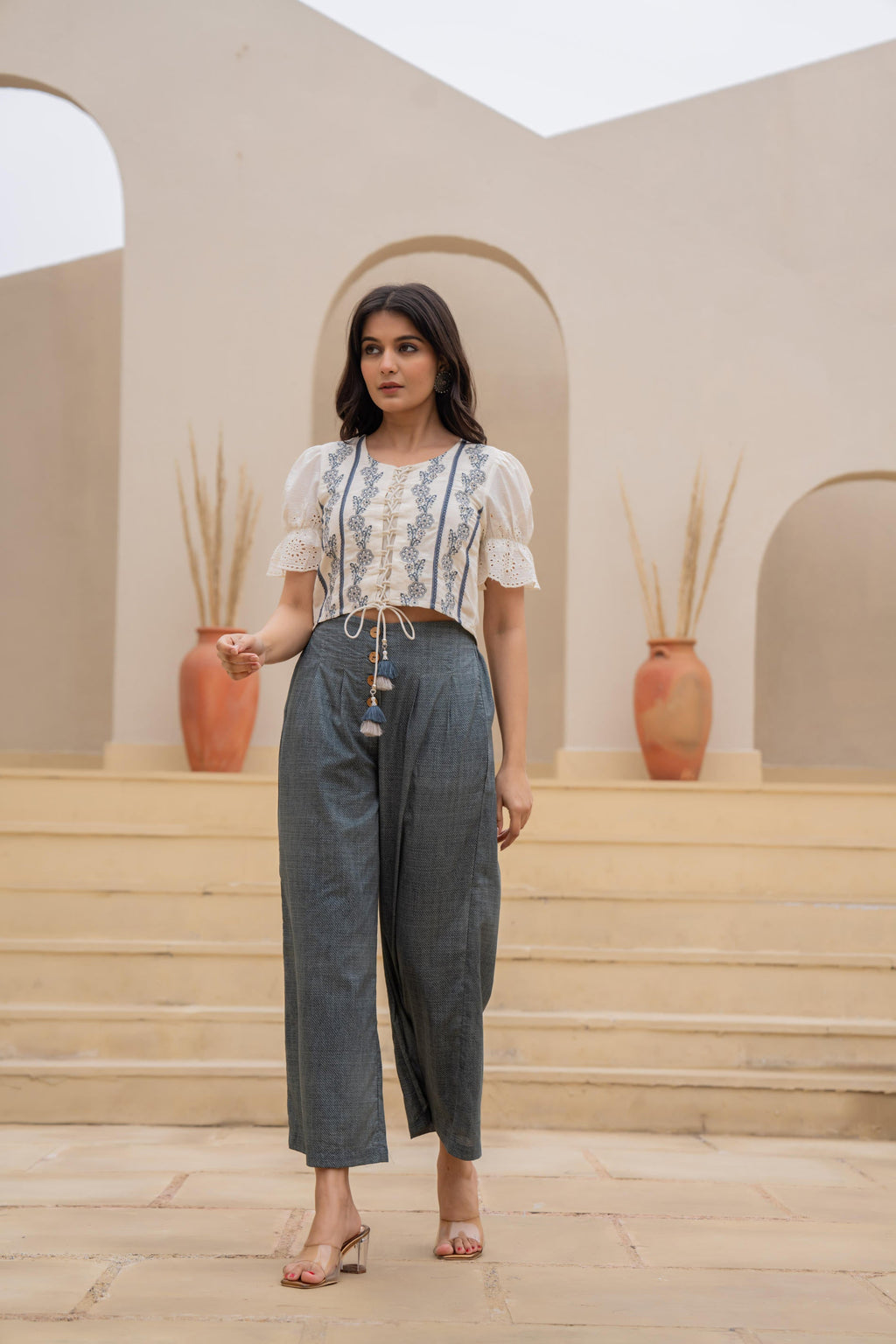 Juniper White Embroidered Crop Top With Grey Wide Leg Pants