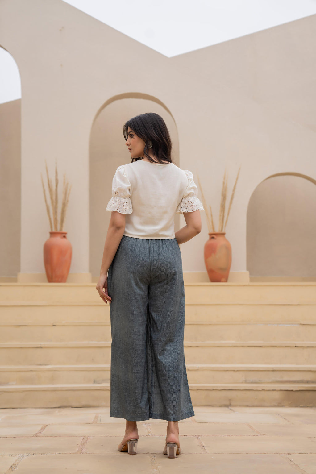 Juniper White Embroidered Crop Top With Grey Wide Leg Pants
