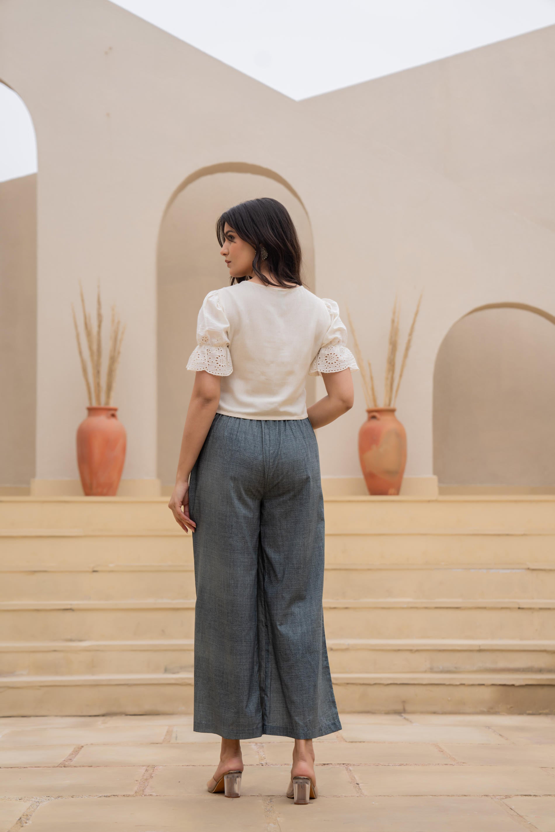 Juniper White Embroidered Crop Top With Grey Wide Leg Pants
