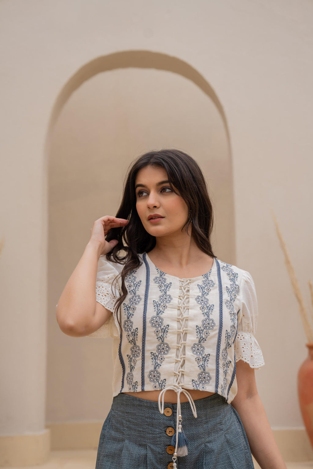 Juniper White Embroidered Crop Top With Grey Wide Leg Pants
