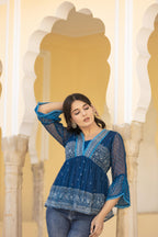 Juniper Indigo Blue Ethnic Motif Peplum Top with Sheer Sleeves
