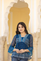 Juniper Indigo Blue Ethnic Motif Peplum Top with Sheer Sleeves