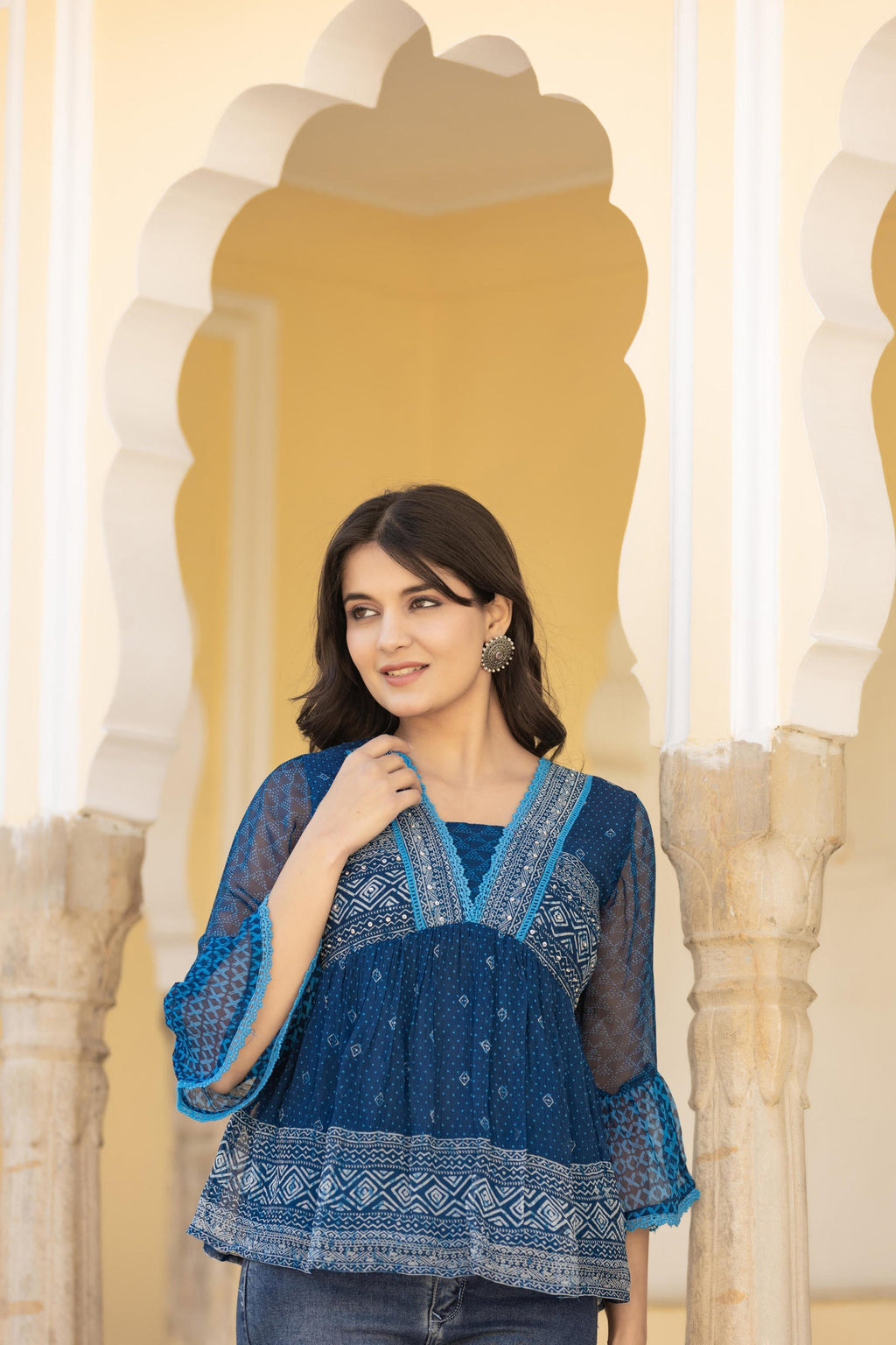 Juniper Indigo Blue Ethnic Motif Peplum Top with Sheer Sleeves