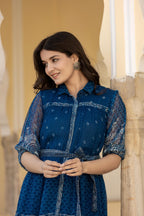 Juniper Indigo Blue Ethnic Shirt Dress with Belt and Sheer Sleeves - Distacart