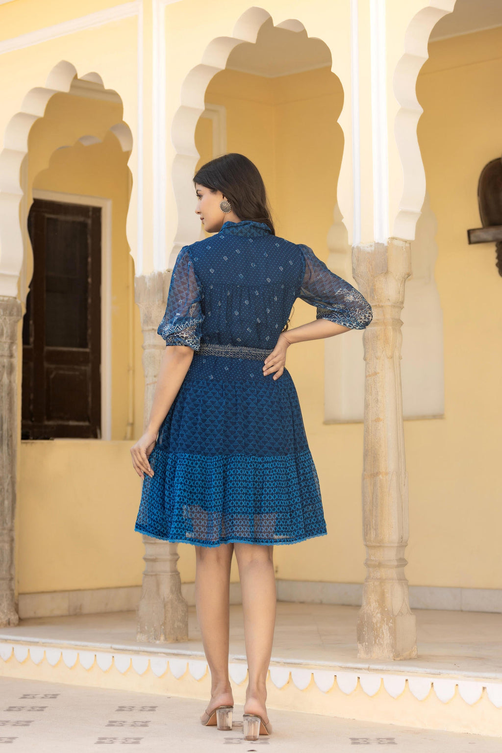 Juniper Indigo Blue Ethnic Shirt Dress with Belt and Sheer Sleeves - Distacart