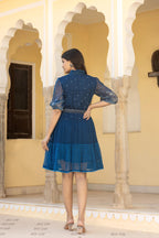 Juniper Indigo Blue Ethnic Shirt Dress with Belt and Sheer Sleeves - Distacart