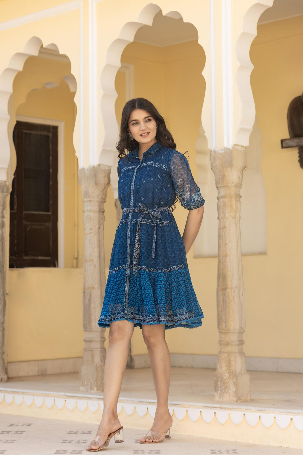 Juniper Indigo Blue Ethnic Shirt Dress with Belt and Sheer Sleeves - Distacart