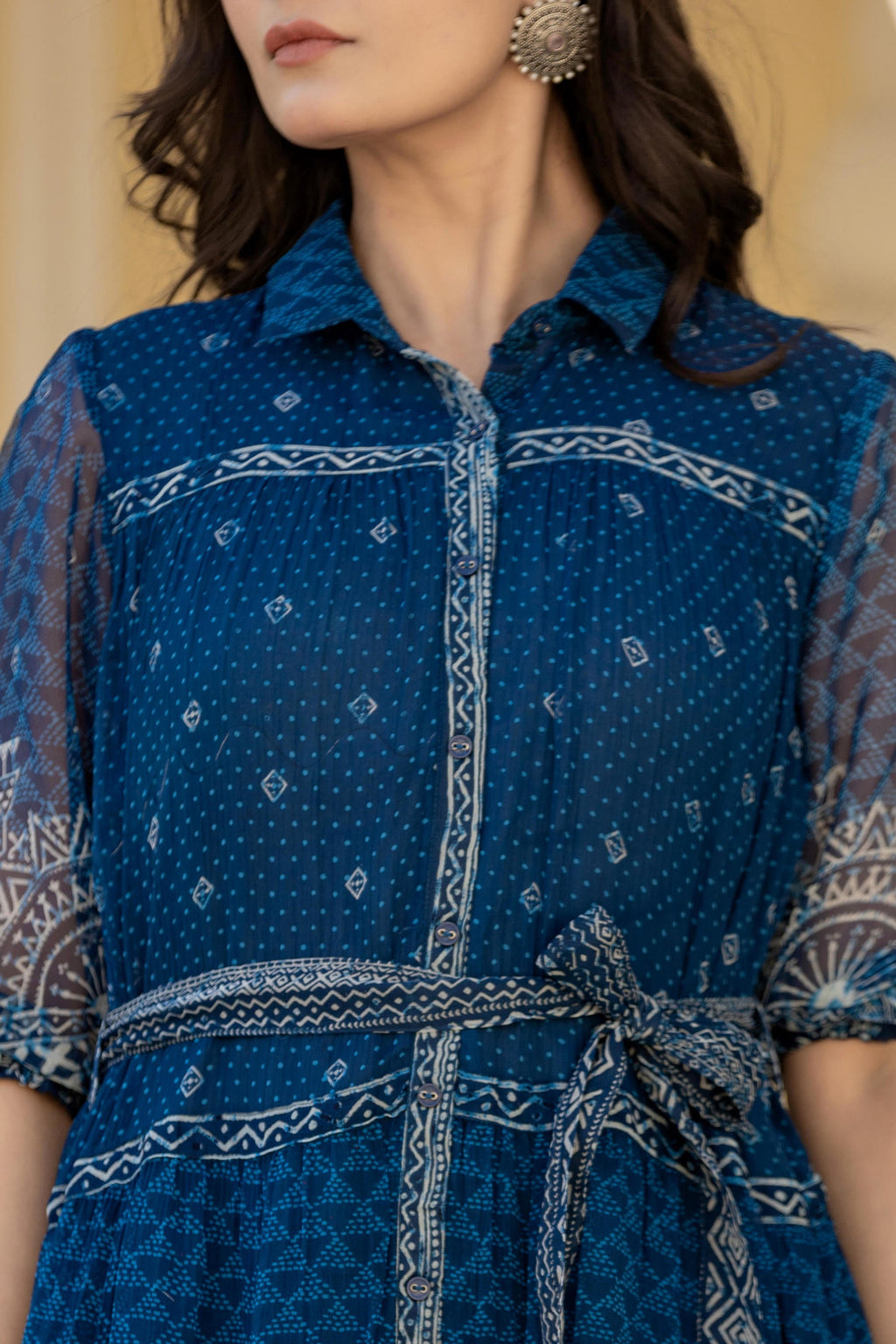 Juniper Indigo Blue Ethnic Shirt Dress with Belt and Sheer Sleeves - Distacart