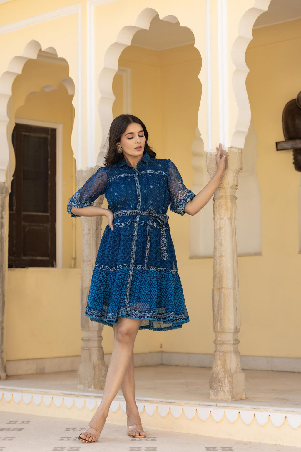 Juniper Indigo Blue Ethnic Shirt Dress with Belt and Sheer Sleeves - Distacart