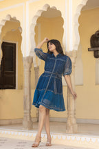 Juniper Indigo Blue Ethnic Shirt Dress with Belt and Sheer Sleeves - Distacart