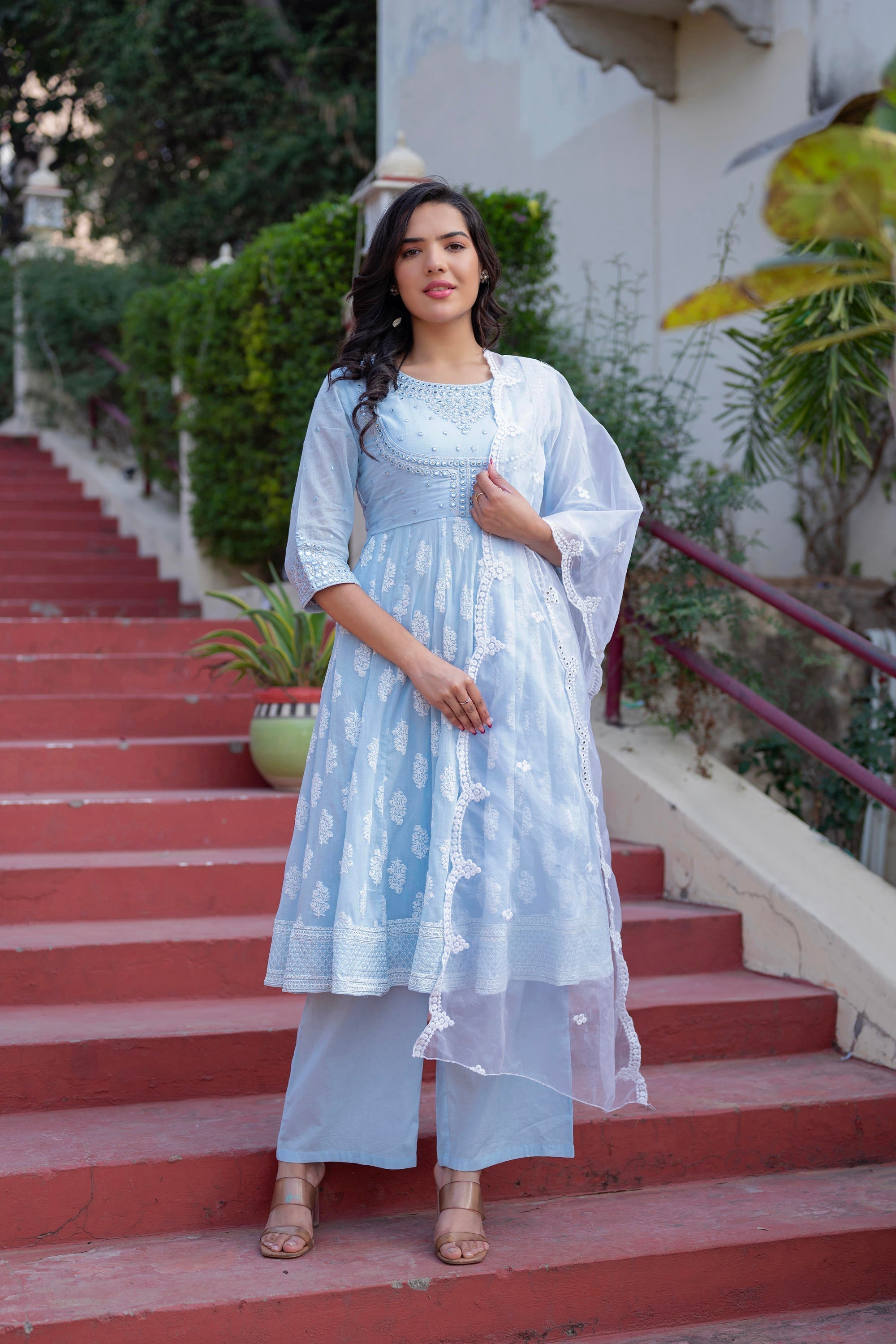 Juniper Sky Blue Cotton Mirror Embroidered Kurta with Palazzo & Organza Dupatta