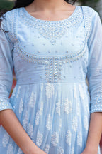Juniper Sky Blue Cotton Mirror Embroidered Kurta with Palazzo & Organza Dupatta