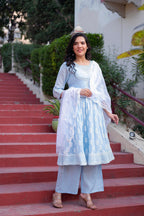 Juniper Sky Blue Cotton Mirror Embroidered Kurta with Palazzo & Organza Dupatta
