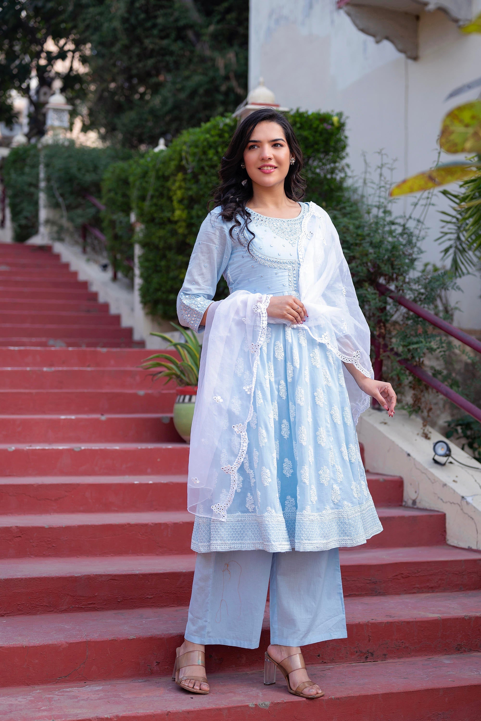 Juniper Sky Blue Cotton Mirror Embroidered Kurta with Palazzo & Organza Dupatta
