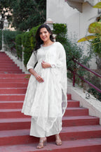 Juniper White Cotton Mirror Embroidered Kurta with Palazzo & Organza Dupatta