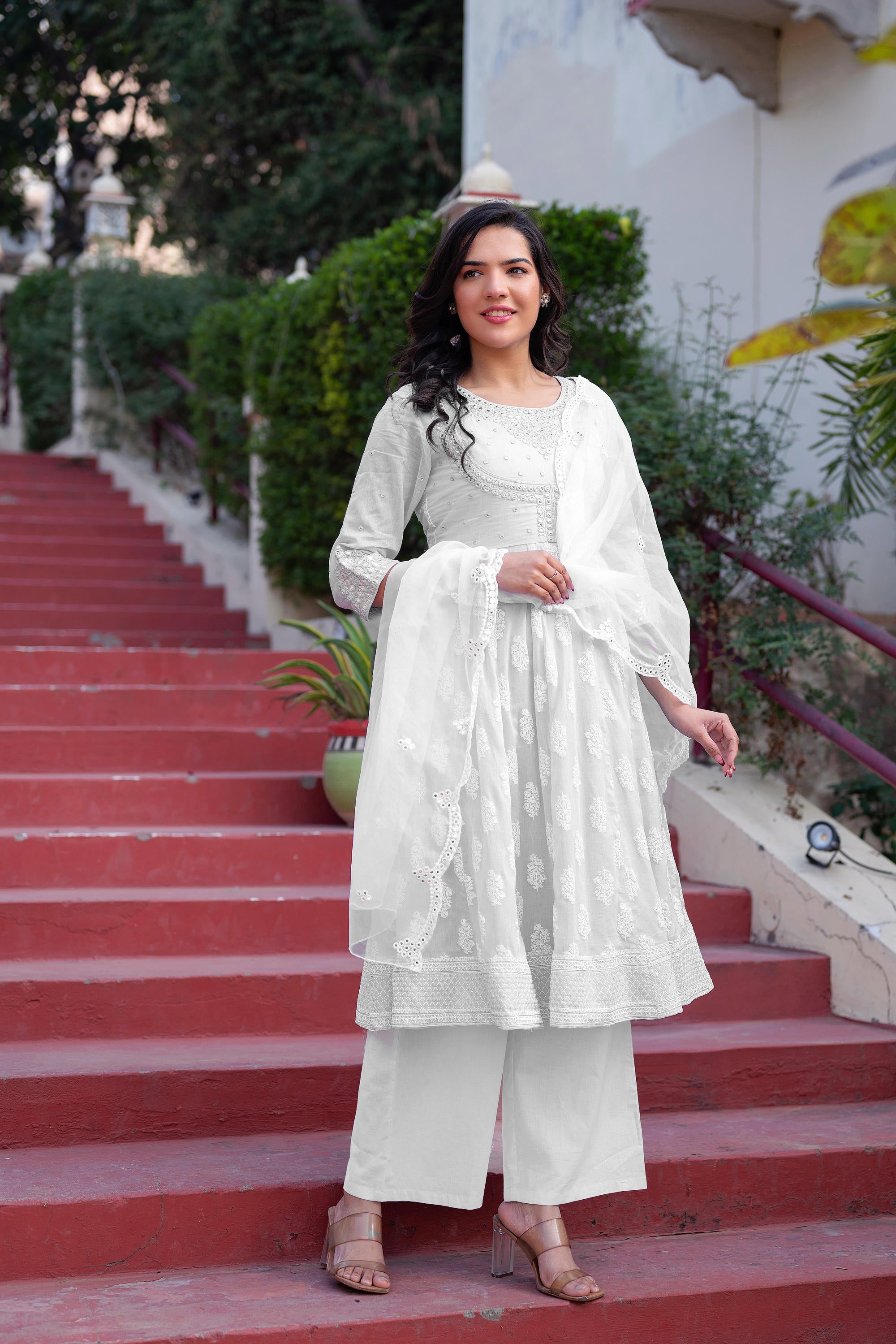 Juniper White Cotton Mirror Embroidered Kurta with Palazzo & Organza Dupatta