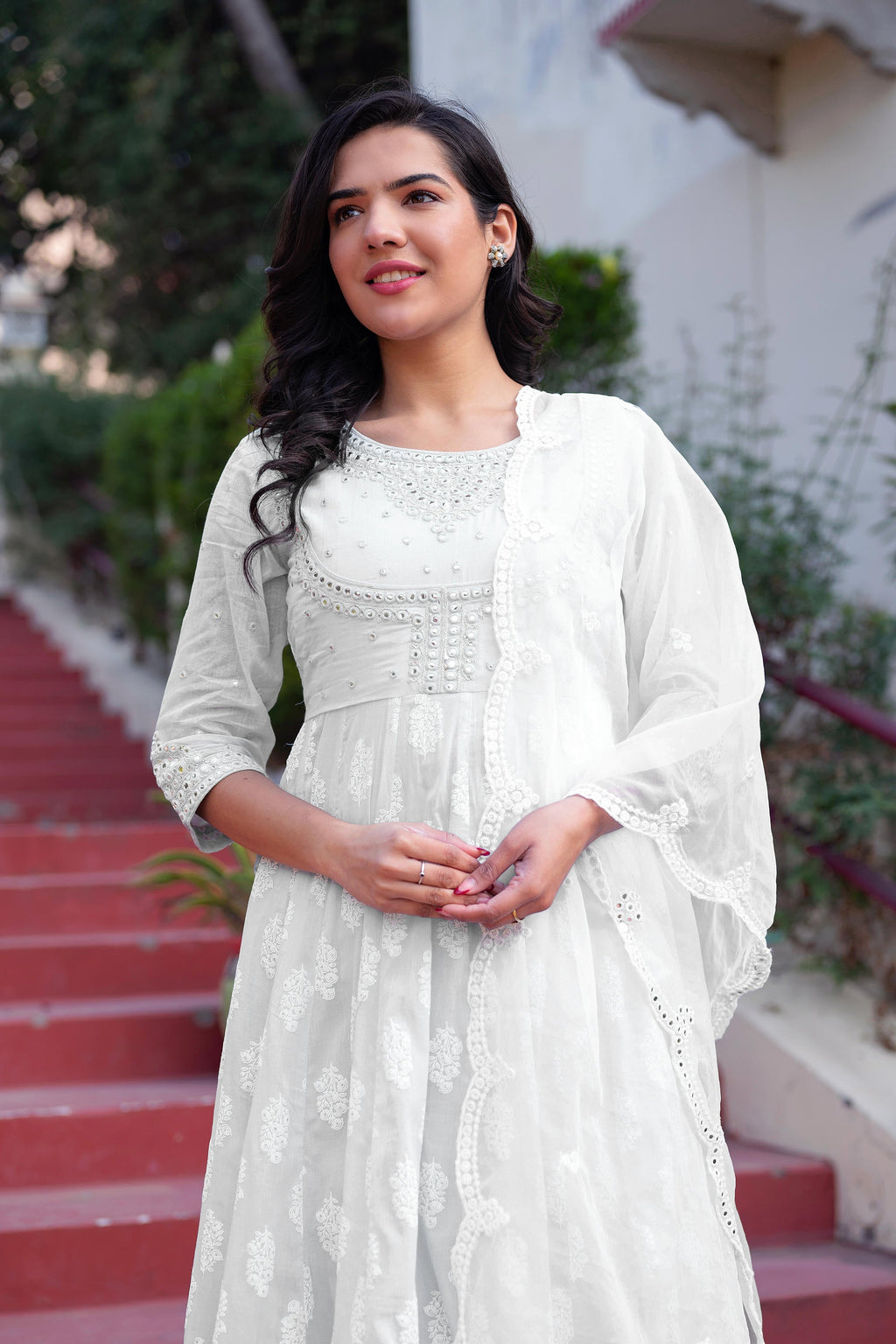 Juniper White Cotton Mirror Embroidered Kurta with Palazzo & Organza Dupatta