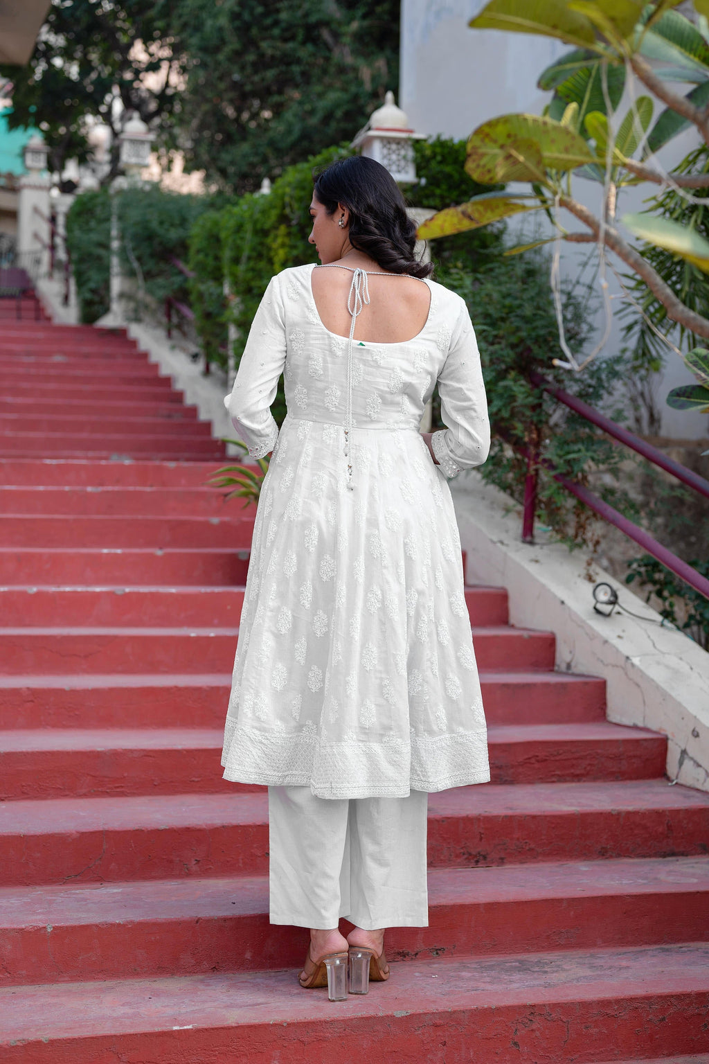 Juniper White Cotton Mirror Embroidered Kurta With Palazzo & Organza Dupatta - Distacart