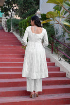 Juniper White Cotton Mirror Embroidered Kurta With Palazzo & Organza Dupatta - Distacart