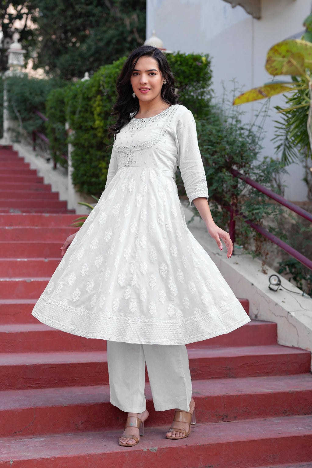 Juniper White Cotton Mirror Embroidered Kurta with Palazzo & Organza Dupatta