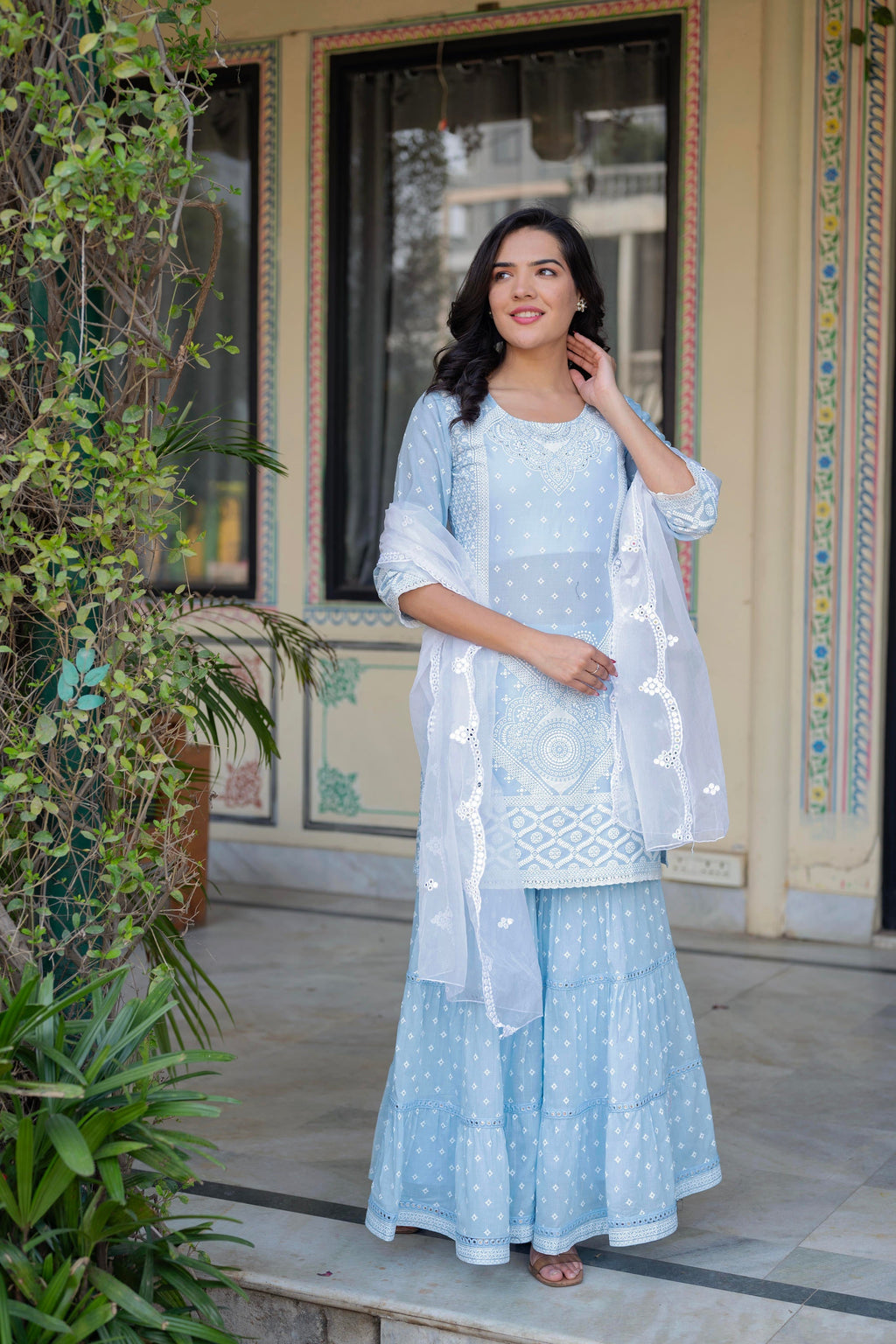 Juniper Sky Blue Cotton Mughal Printed Kurta with Gharara, Organza Dupatta, Mirror Work & Puff Print - Distacart
