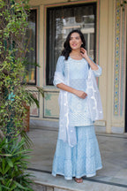 Juniper Sky Blue Cotton Mughal Printed Kurta with Gharara, Organza Dupatta, Mirror Work & Puff Print - Distacart
